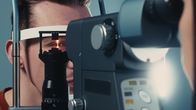 Male patient receiving a comprehensive eye examination in a modern ophthalmology clinic. Concept vision care, ophthalmic diagnostics and preventive healthcare.
