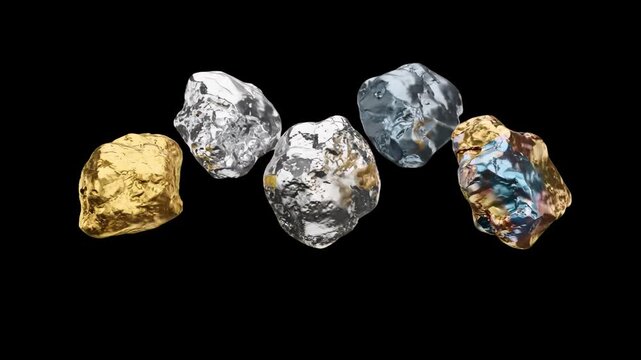 Raw precious metal ore pieces, including natural gold nuggets and silver crystals, floating and rotating in mid-air against a pure black backdrop. This photorealistic 3D render is ideal for financial 