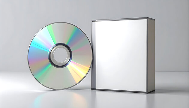 isolated blank dvd or cd case with shiny iridescent disc, software packaging, digital media storage, template mockup
