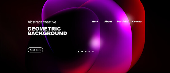Fototapeta premium Vibrant abstract shapes dominate dark background. Text elements include geometric background, navigation options, plus call to action.