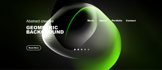 Naklejka premium Dark website mockup features abstract shapes, text overlays, navigation menu. Modern design with gradient colors, simple layout.