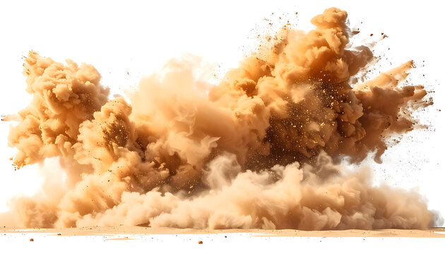 Isolated beige dust cloud explosion, dry soil particles rising, dynamic sand blast, weather element, environmental disaster, impact debris texture