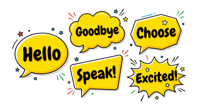 yellow speech bubbles with words hello goodbye choose speak excited