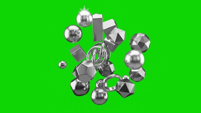 A dynamic 3D floating composition of metallic silver primitive geometric shapes, polyhedrons, shiny chrome spheres, and rings isolated on a bright chroma key green background. Perfect for abstract mot
