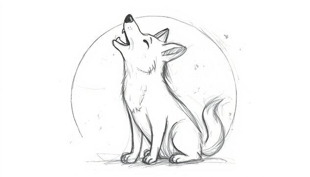 Cartoon Wolf Howling At Moon Pencil Sketch Illustration