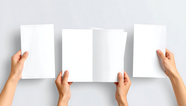 Hands holding blank brochure mockup and two separate paper sheets, document presentation, template design