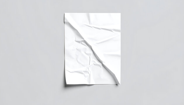Isolated crumpled white paper sheet with sharp folds and uneven texture, perfect for background template and stationery design