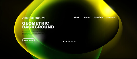 Fototapeta premium Abstract website design features vibrant yellow, green gradients. Navigation includes work, about, portfolio, contact options. Modern aesthetic.