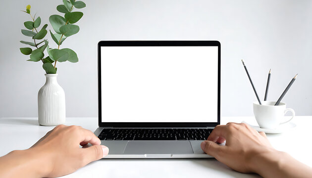 Hands typing on laptop with empty screen, home office setup with plant and desk accessories, workspace productivity and remote work