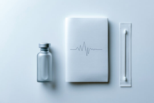 Top-down flat lay of biomarker diagnostic kit with result card, frosted glass vial and swab on white surface