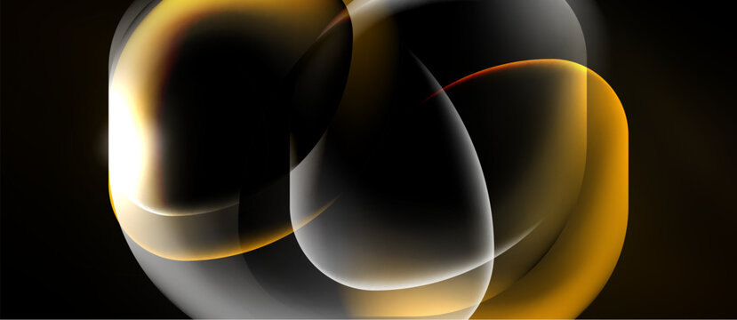 Abstract shapes overlap, creating luminous golden, white highlights against dark background. Smooth curves suggest movement, depth.