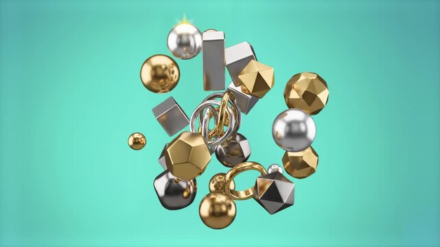 An abstract 3D composition featuring various geometric objects including shiny gold spheres, metallic silver cubes, low-poly shapes, and lustrous pearls floating in a cluster. The glossy elements are 