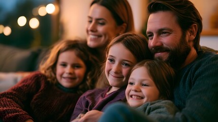 Fototapeta premium A loving family of parents and children are gently cuddling together on a sofa creating a beautiful peaceful and heartwarming atmosphere