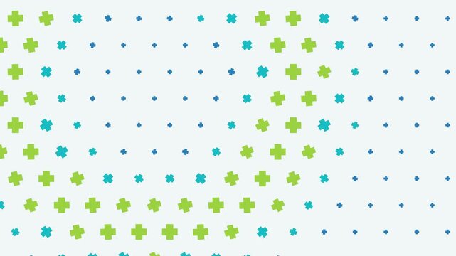 Abstract healthcare background animation featuring a halftone grid pattern of blue and green cross plus symbols scaling dynamically on a white backdrop, minimal medical presentation loop