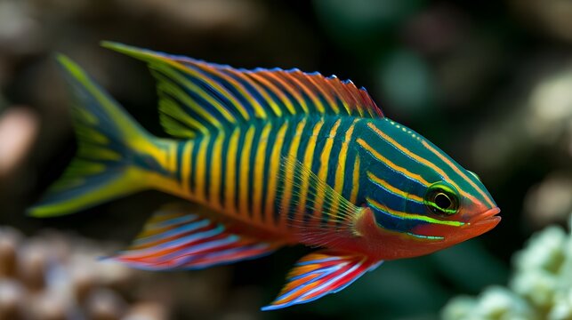 A sleek colorful tropical fish exhibits flowing lines and geometric patterns in a dynamic worm s eye shot