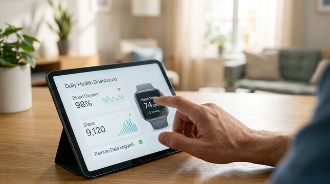 Person using tablet displaying daily health dashboard with blood oxygen and heart rate data synced from smartwatch for remote monitoring at home