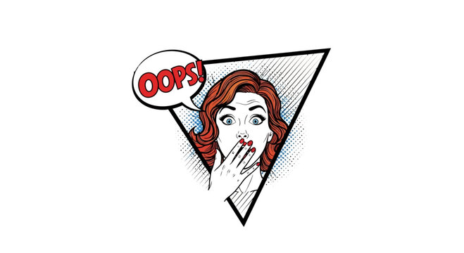 Retro Woman Oops Face Comic Style, Shocked Expression, Hand Covering Mouth, Speech Bubble