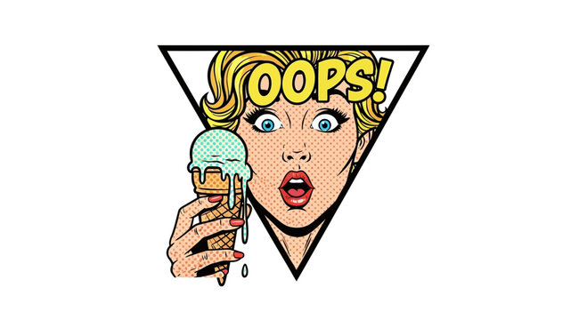 Retro Woman Oops Face with Melting Ice Cream Cone