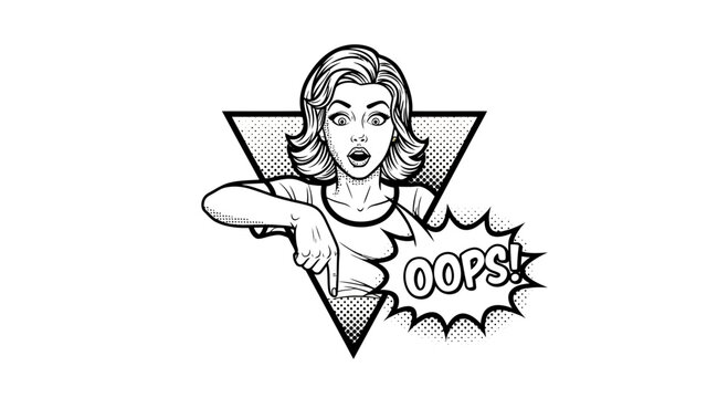 Retro Woman Oops Gesture Pointing Down Comic Style