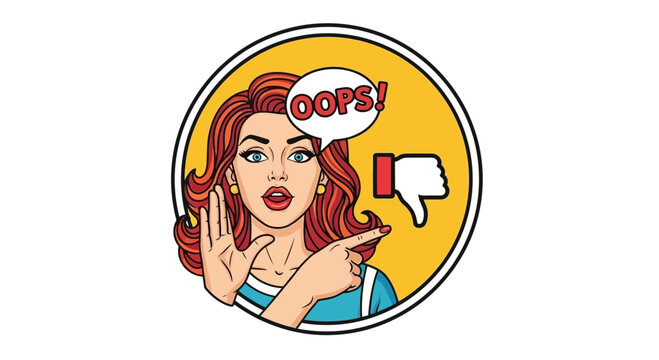 Retro Woman Oops Gesture, Thumbs Down Icon, Pop Art Style Error Message