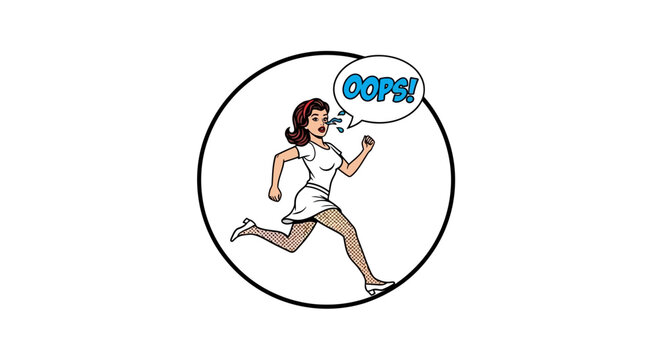 Retro Woman Running in Circle with Oops Speech Bubble, Comic Style