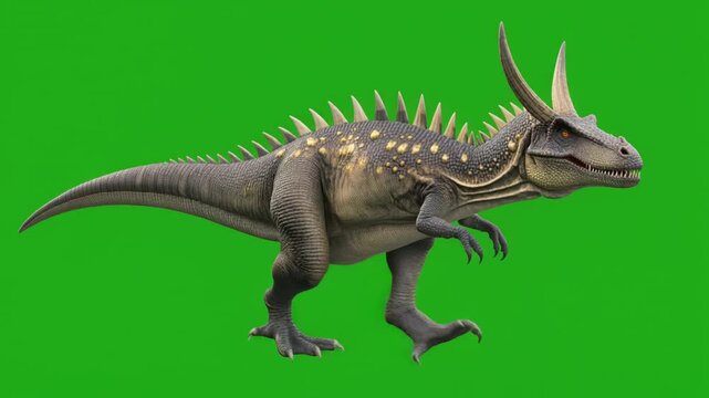 Horned Carnivorous Theropod Dinosaur Walk Cycle Isolated on Chroma Key Background