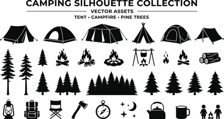 Camping and Outdoor Adventure Silhouette Icons Set © Natural flower 