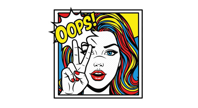 Pop Art Woman "Oops!" Expression, Peace Sign, Retro Comic Style, Vibrant Colors