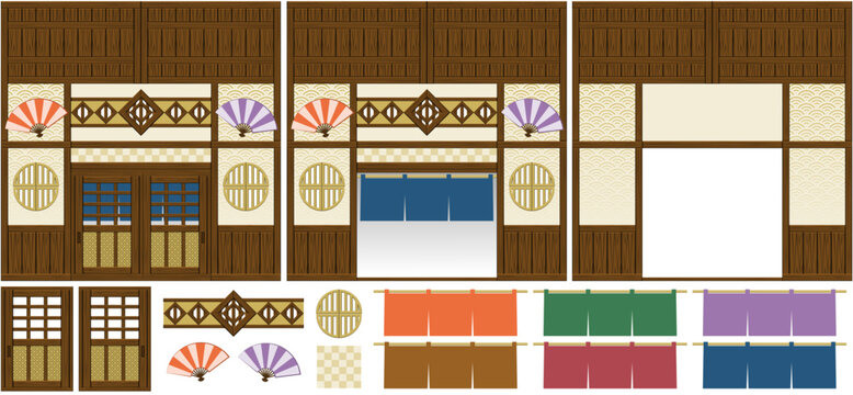 和風なお店の店内出入り口シームレス背景・フレームセット（Japanese Traditional Shop Entrance Seamless Frame Set）
