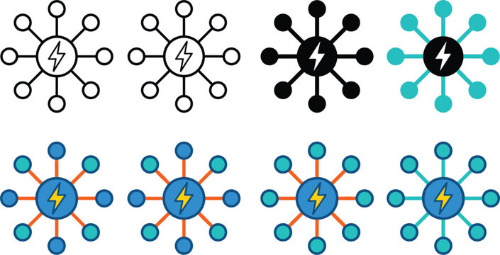 Electric power grid distribution network central lightning bolt hub icons in multi colored outline style vector set