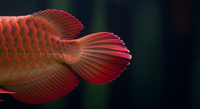 Macro Close-Up of the Tail and Fins of a Red Arowana Fish Showing Detailed Scales and Texture on a Dark Background, Professional Studio Photography of Scleropages Formosus