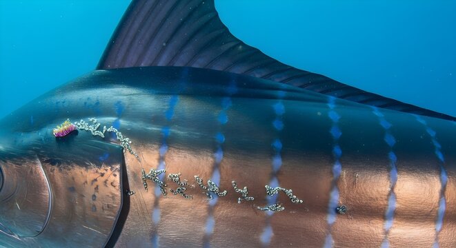 Macro shot of a Marlin's iridescent skin showing blue stripes and golden hues with marine parasites attached near the gill and dorsal fin in clear blue ocean water.