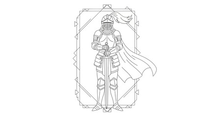 Obraz premium Line Art Knight in Full Armor with Sword and Cape, Medieval Warrior Illustration
