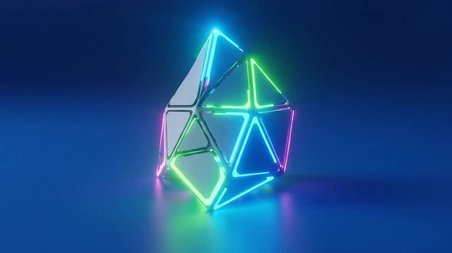 A glowing geometric pyramid structure with vibrant neon light edges