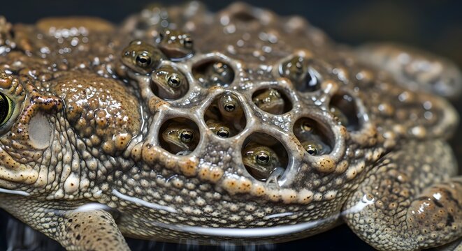 Macro view of a female Surinam Toad Pipa pipa displaying its unique reproductive method with young toadlets emerging from specialized skin pockets on the mother's back.