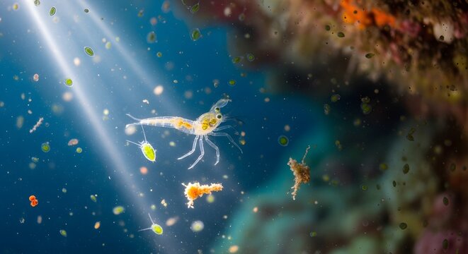 Microscopic view of a transparent planktonic crustacean larva swimming in deep blue ocean water with floating microalgae and sunlight rays filtering from the surface.