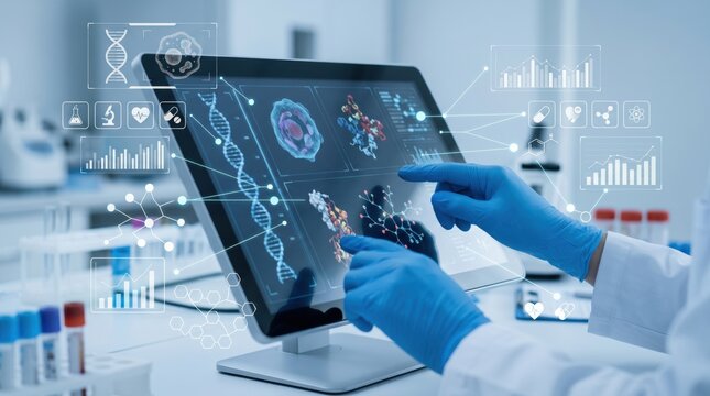 Scientist analyzing DNA and molecular data on futuristic touchscreen in lab, representing biotechnology research, genetic engineering, pharmaceutical development