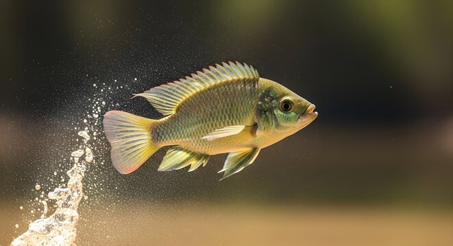 Mozambique Tilapia (Oreochromis mossambicus) jumping out of water with a splash. Freshwater cichlid fish leaping from the surface against a blurred natural background.