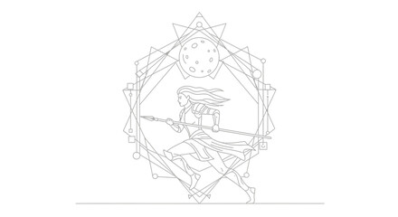 Obraz premium Fantasy Warrior Woman Running with Spear and Moon Symbol