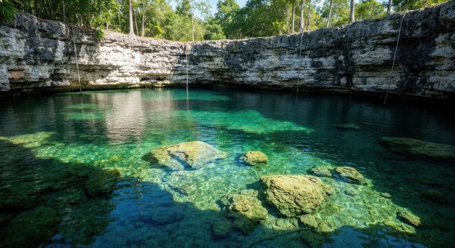 Circular, crystal-clear water-filled sinkhole with a rocky surround, trees, and hanging vines