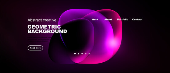 Naklejka premium Modern website header design. Fluid shapes, vibrant colors, navigation menu present. Minimalist aesthetic, dark background.