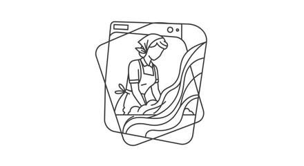 Obraz premium Woman Washing Clothes in Vintage Laundry Room with Washing Machine and Flowing Water