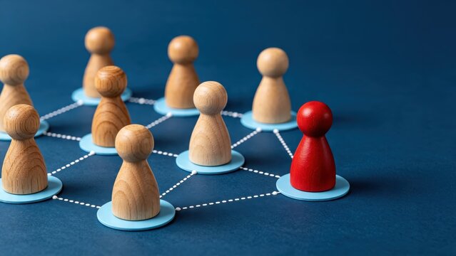 Red wooden pawn standing out among natural wood figures connected by dotted lines on blue background, symbolizing leadership, networking, individuality