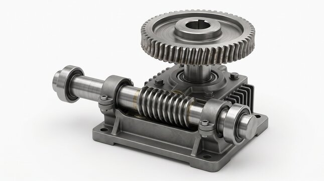 Worm gear isolated on a white background with realistic steel texture and studio lighting.
