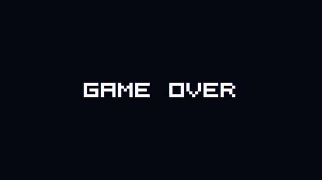 Game over text on 8 bit Pixelated with glitch effect on black background