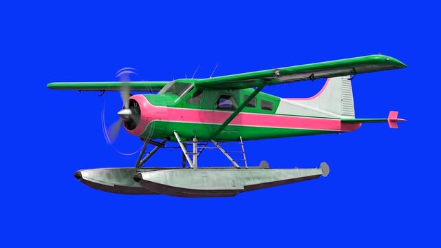 A 3D animated model of a green and pink propeller seaplane flying through the air with spinning blades over a solid blue chroma key backdrop. Great for travel concepts, aviation videos, and action seq