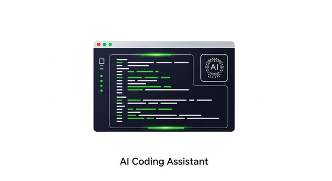 AI Coding Assistant Illustration Showing Computer Screen with Code and AI Logo