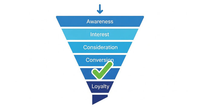 Funnel Diagram Illustration Showing Customer Journey Stages in Marketing