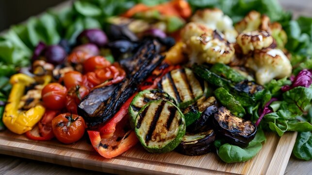 A light grilled vegetable platter surrounded by leafy greens offers a fresh and healthy dining experience