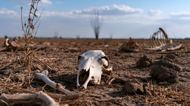 A desolate and arid farmland landscape featuring bleached animal skeletons evoking a mood of profound peace and stillness